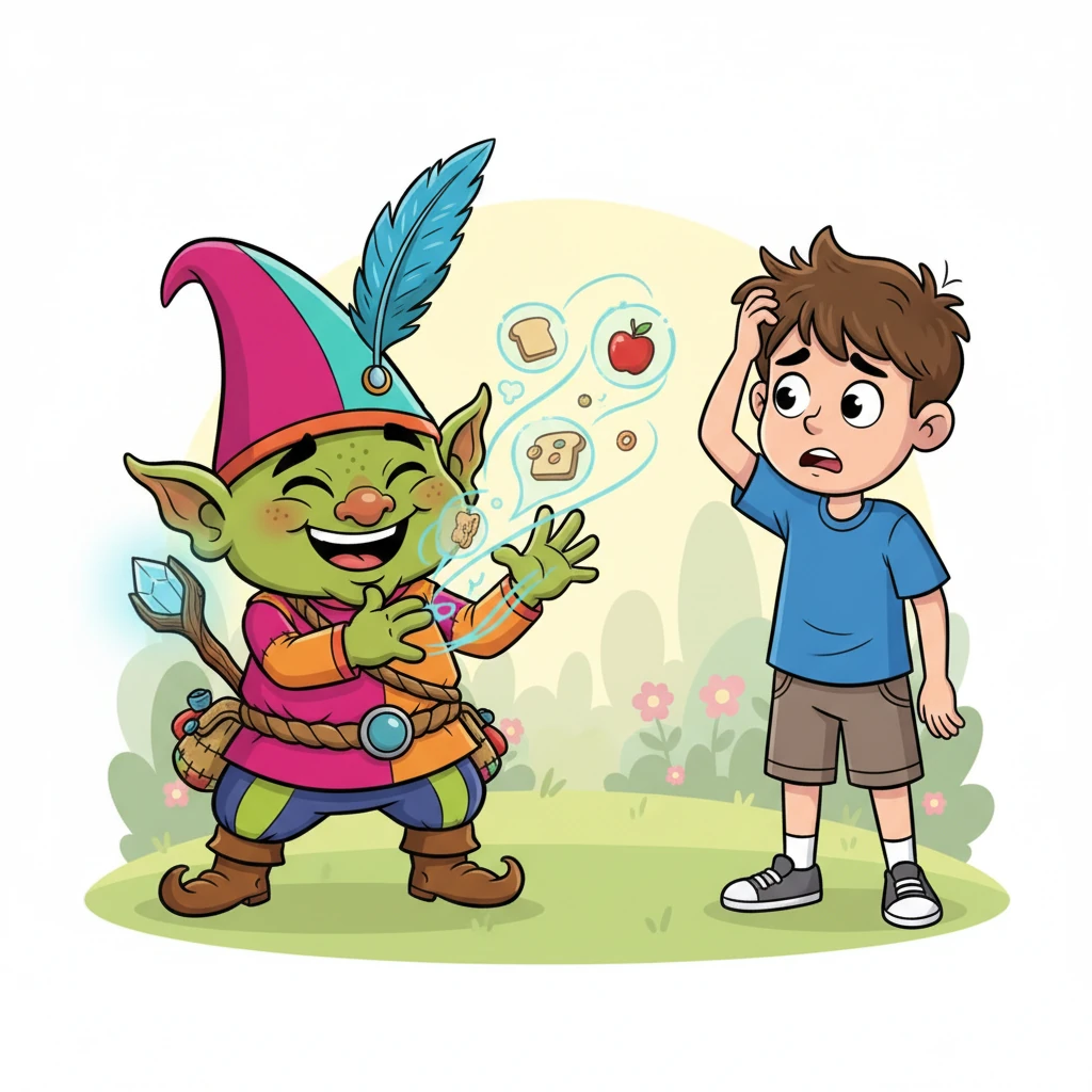 El duende, con un movimiento rápido de sus manos, hizo desaparecer por un instante el recuerdo del desayuno de Mateo. Mateo parpadeó, confundido, y se rascó la cabeza, tratando de recordar qué había comido esa mañana. El duende soltó una carcajada.