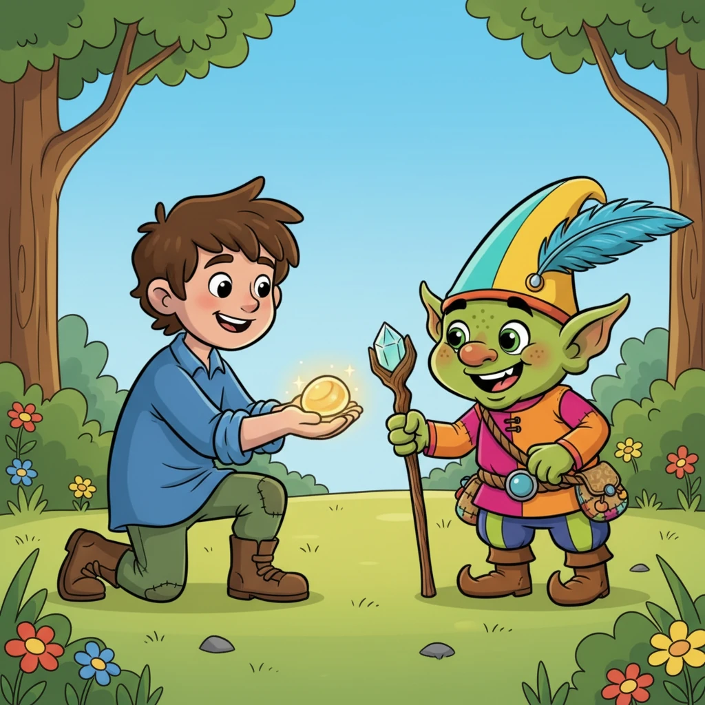 Mateo, en lugar de asustarse, entendió que el duende solo quería jugar. Sacó de su bolsillo una piedra brillante que había encontrado y se la ofreció al duende. "¡Quizás esto te guste más que mis recuerdos!", dijo con una sonrisa.