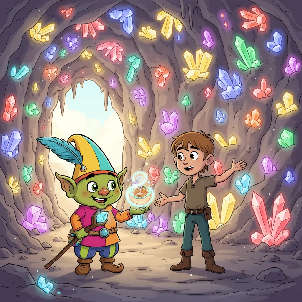 Con un gesto de agradecimiento, el duende devolvió el recuerdo del desayuno a Mateo, y luego le mostró el verdadero "tesoro" de la cueva: una pared llena de cristales que brillaban con todos los colores del arcoíris. No era oro, sino la magia de la luz.