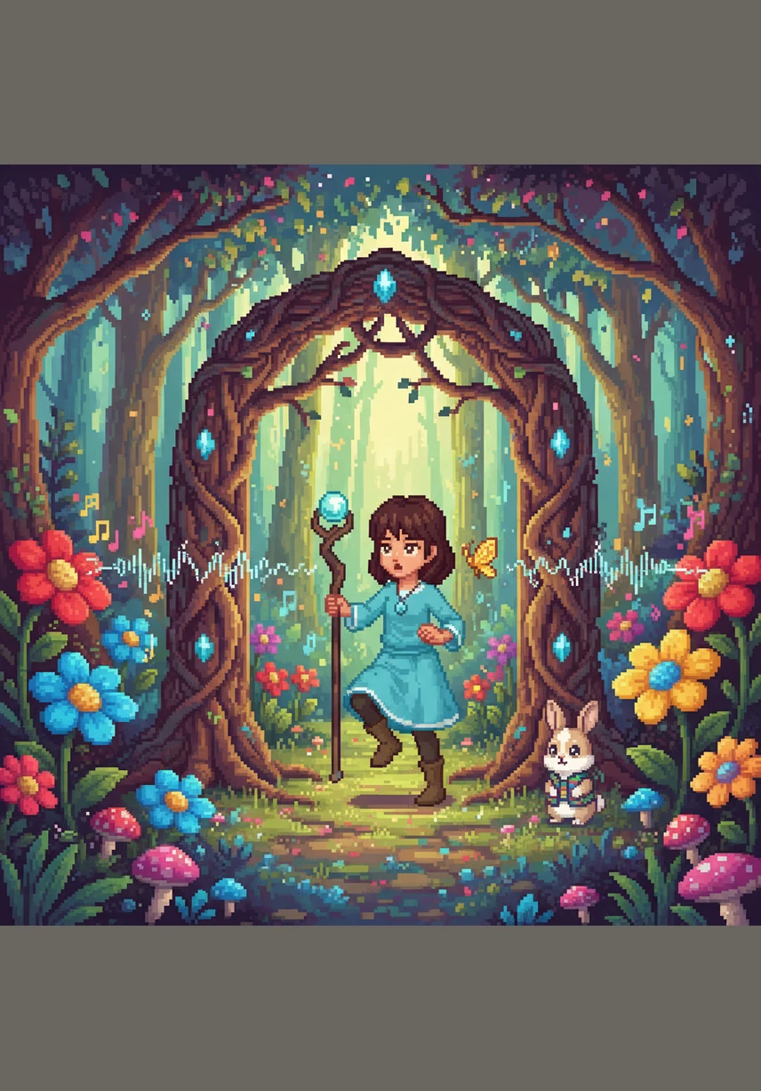 عبرت تالا بوابة مصنوعة من أغصان الأشجار المتشابكة لتجد نفسها في غابة سحرية حيث الأشجار تتلألأ والزهور تغني ألحاناً عذبة. كل شيء هنا كان ينبض بالألوان والحياة بطريقة مذهلة تفوق الخيال.