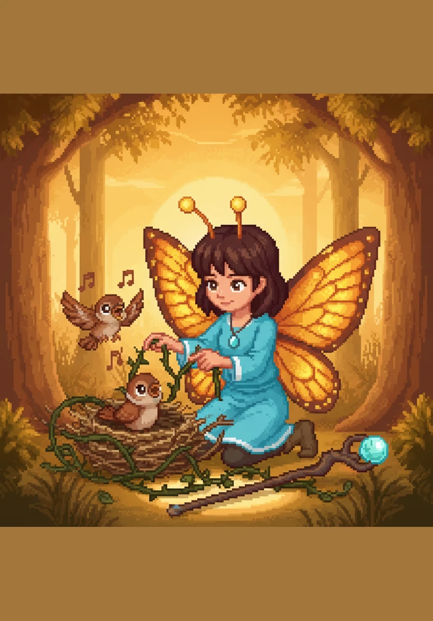 اقتربت تالا بهدوء واستخدمت يديها الرقيقتين لفك الأغصان الشائكة بحذر شديد حتى لا تؤذي أحداً. نجحت تالا في تحرير العش ببراعة، وعاد العصفور الصغير إلى عائلته وهو يغرد فرحاً وامتناناً.