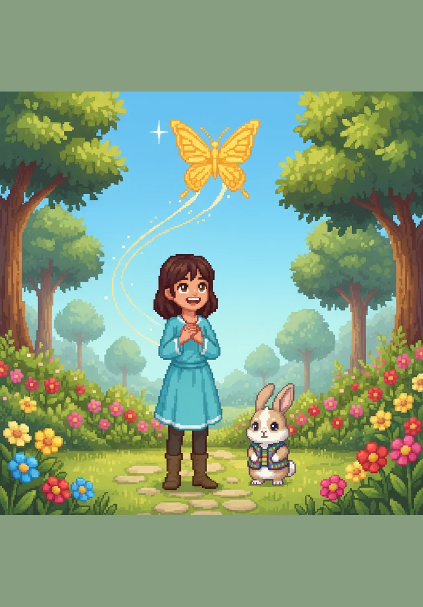 وجدت تالا نفسها مرة أخرى في حديقتها وهي تراقب الفراشة الذهبية تطير عالياً نحو السماء الزرقاء الصافية. بقيت تالا واقفة والبهجة تملأ قلبها، متذكرة دائماً أن السحر الحقيقي موجود في مساعدة الآخرين.