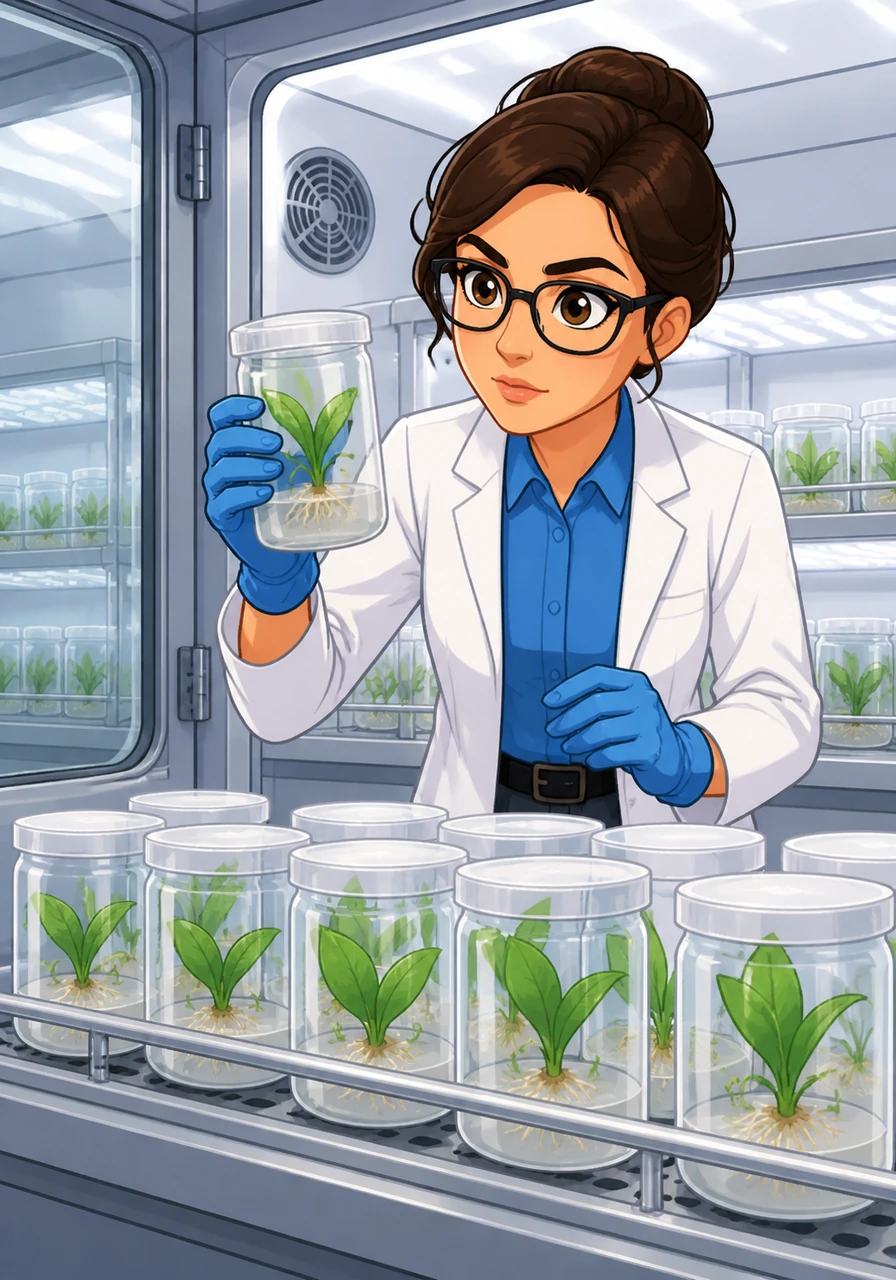 Inside a sterile growth chamber, the first generation of gene-edited Cavendish plantlets begins to sprout under controlled conditions. These bioengineered specimens represent a synthesis of traditional agriculture and modern biotechnology, aiming to replicate the resilience found in wild, non-commercial banana species.