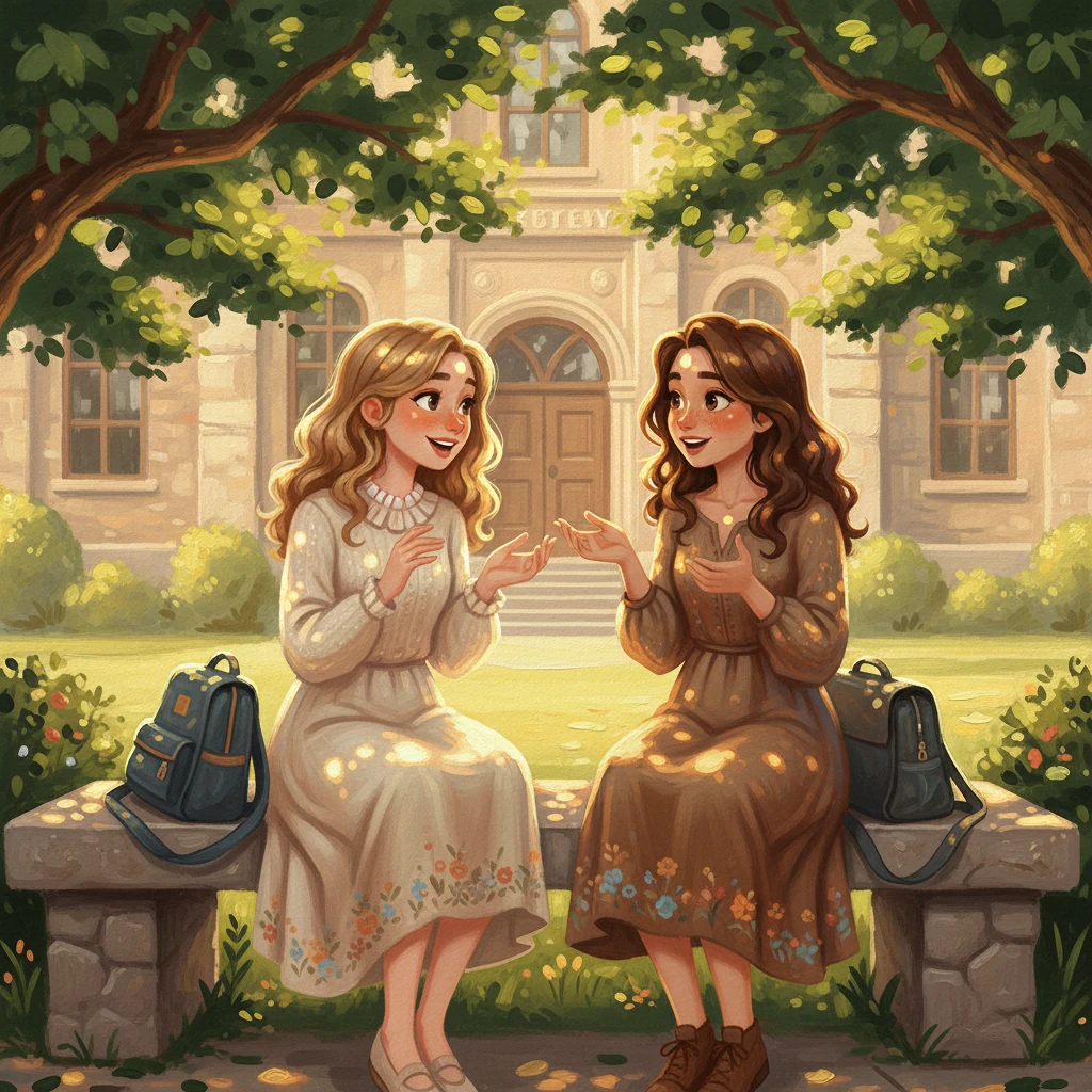 Lara in Neja, prijateljici z različnimi barvami las – Neja svetlolasa, Lara rjavolasa – sedita na kamniti klopi pred šolsko knjižnico. Zlati sončni žarki zgodnjega jutra prebadajo gosto listje dreves in rišejo svetle lise na njunih obližjih in šolskih torbah, medtem ko se pogovarjata z živahno mimiko. Debeli nanosi barve poudarjajo teksturo kamna in volančkov na Nejinem puloverju, ustvarjajoč občutek mirnega, a živahnega začetka dneva.