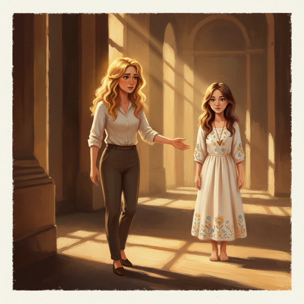 Nenadoma se iz sence bližnjega hodnika pojavi Taja, socialna pedagoginja, s svetlimi lasmi, ki se svetijo v jutranji svetlobi. Njen obraz, naslikan z mehkejšimi, a odločnimi potezami, izraža skrb, ko se približa Neji. Kompozicija poudarja njen prihod kot prekinitev mirnega trenutka, s svetlobo, ki dramatično poudarja njeno figuro proti temnejšemu ozadju.