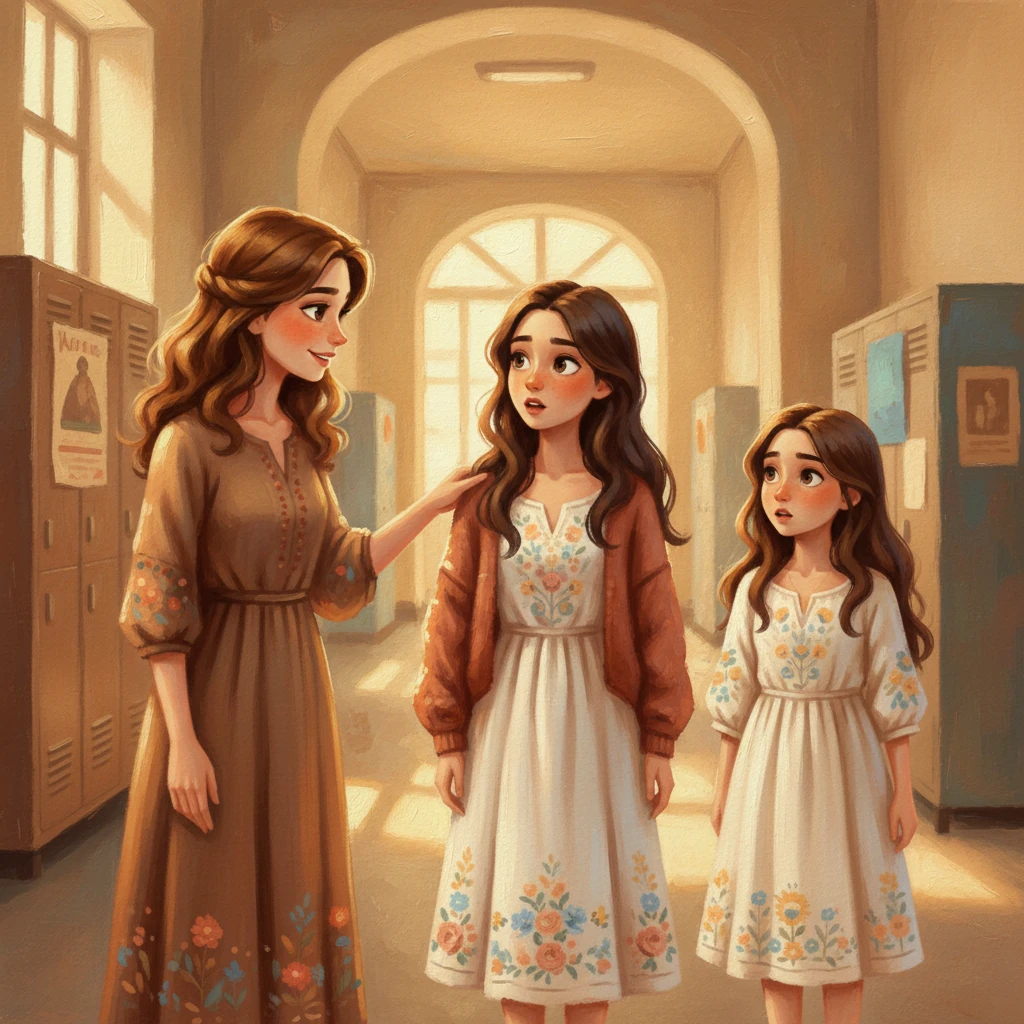 Taja, z roko, naslikano z vidnimi potezami čopiča, nežno položi na Nejino ramo, medtem ko jima predlaga, naj jo spremljata do njene pisarne. Izraz na Nejinih in Larinih obrazih je mešanica presenečenja in poslušnosti, ujet v bogatih odtenkih kože in oblačil. Ozadje šolskega hodnika se umika v mehko zameglitev, usmerjajoč pogled na interakcijo med tremi figurami.