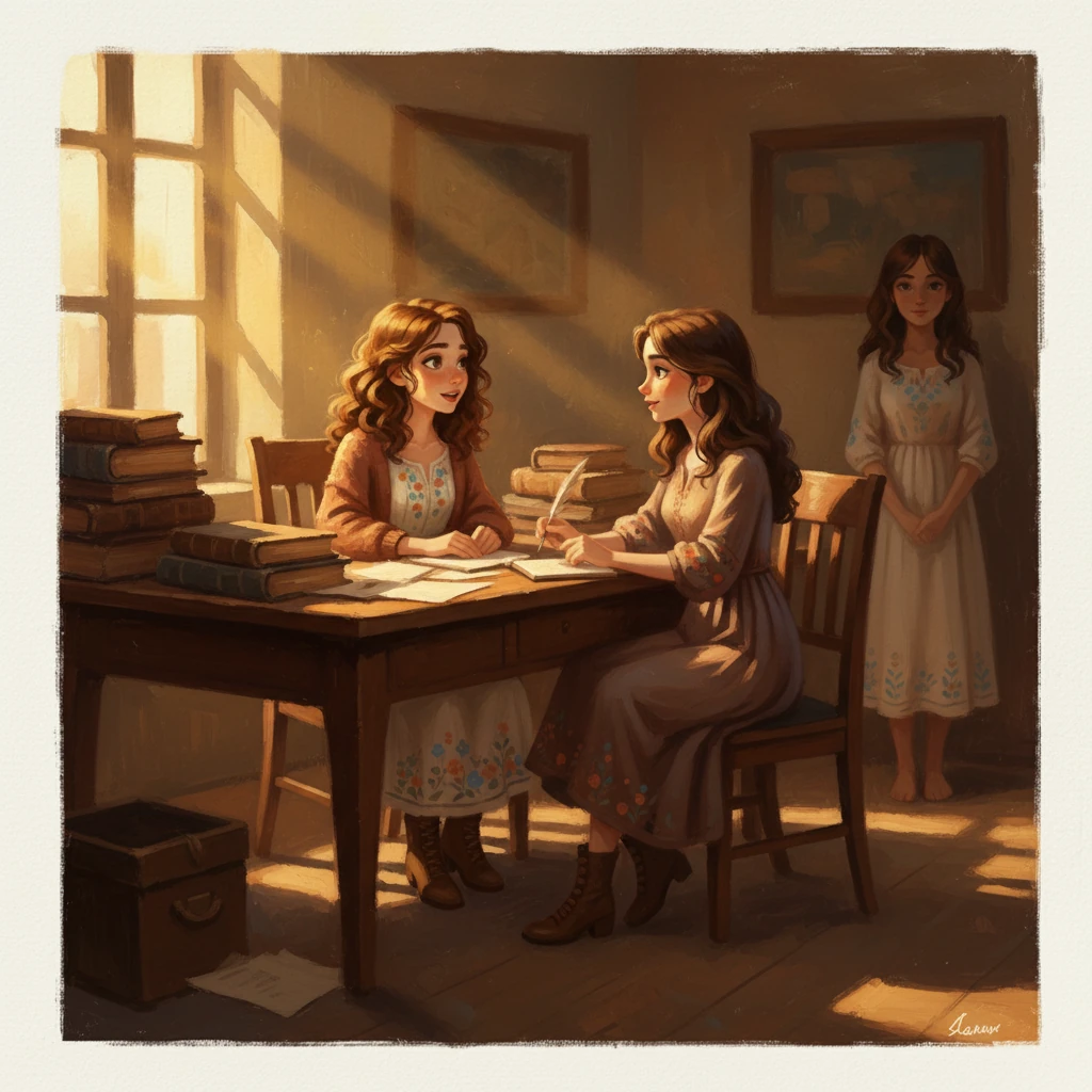 V Tajiini pisarni, ki je preplavljena z mehko, a dramatično svetlobo, ki pada skozi okno in osvetljuje kup knjig in papirjev, Neja sedi ob mizi. Njena svetla glava je nagnjena, ko se dogovarja za termin z Tajo, katere obraz je uokvirjen s toplimi zlatimi toni. Lara stoji nekoliko v ozadju, opazujoč prizor z izrazom, ki je težko razbrati, ujet v globokih sencah.