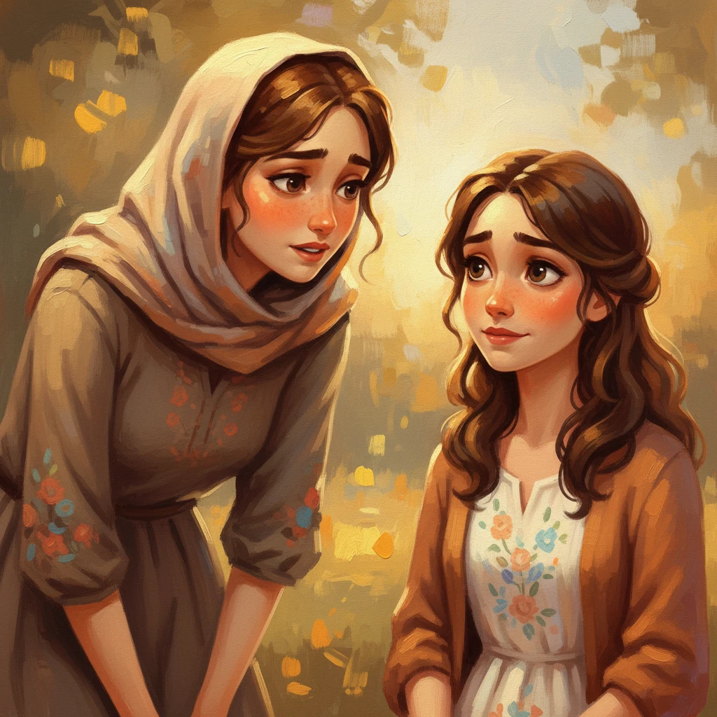 Taja se nagne naprej, njen obraz osvetljen z mehko, a odločno svetlobo, ko Lari pove, da prepozna njeno nelagodje za nasmehom. Na Larinih ustnicah je rahel, prisiljen nasmeh, njene oči pa so polne neizrečenih misli, poudarjene z bogatimi barvnimi prehodi. Vidne poteze čopiča na Tajiinem šalu dodajo teksturo in globino sceni.