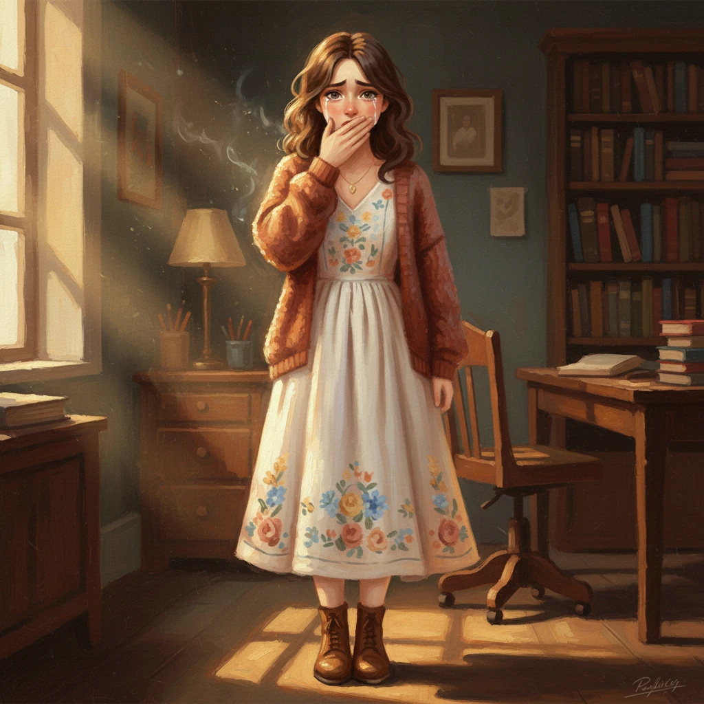 Taja nato vpraša o Larini noni, in Larina drža se takoj spremeni. Njen obraz postane bled, oči se napolnijo s solzami, ki se lesketajo v dimni svetlobi pisarne. Z roko si pokrije usta, ko šepne, da o tem ne želi govoriti, celotna figura pa izraža globoko žalost in ranljivost.