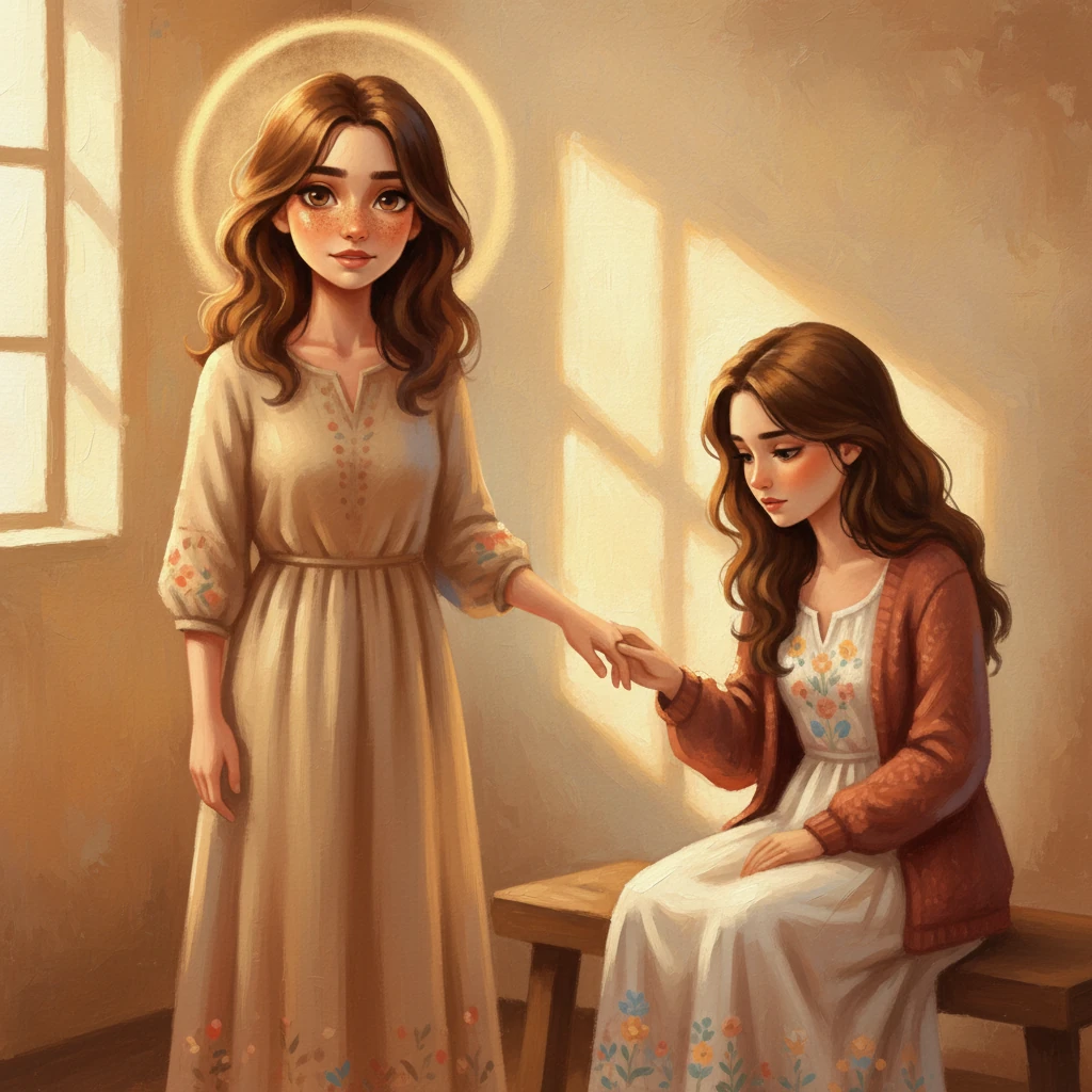 S sočutnim, a resnim izrazom, ki ga poudarjajo tople sence pod njenimi očmi, Taja obema, Lari in Neji, predlaga obisk posvetovalnice. Neja, ki sedi ob Lari, jo pogleda s skrbjo, njuni roki se skoraj dotikata, kar simbolizira njuno prijateljsko vez. Svetloba ustvarja halo okoli Taje, kar poudarja pomen njenih besed.