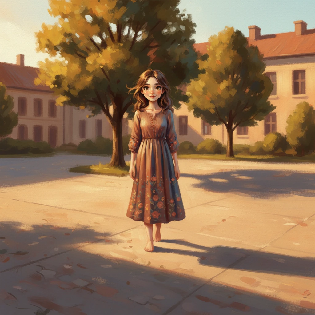 Kasneje, ko je Lara sama, se sprehaja po šolskem dvorišču, njene rjave lase je razmršil rahel veter. Njen pogled je uprt v daljavo, obraz pa je prežet z globokim razmišljanjem o noni, ujet v toplih, melanholičnih odtenkih poznega popoldneva. Dolge sence se raztezajo za njo, poudarjajoč njeno osamljenost v mislih.