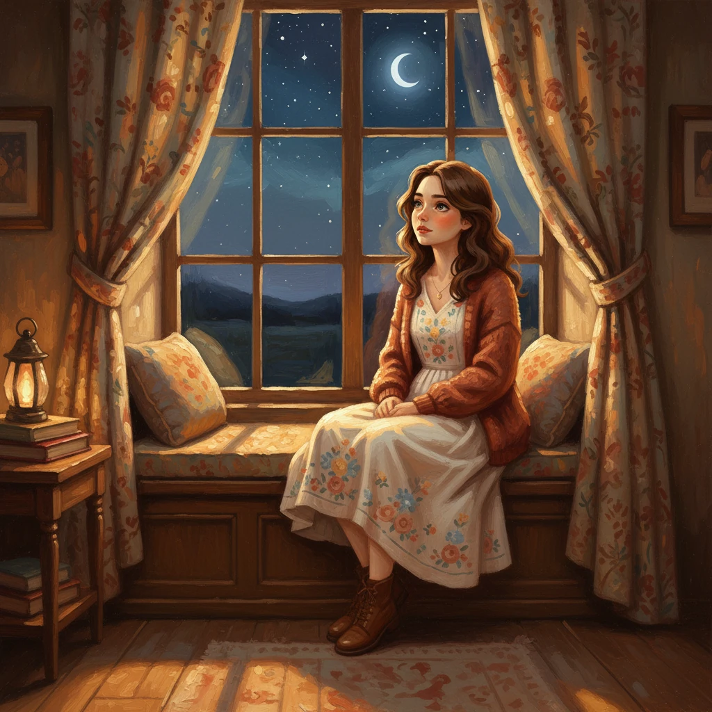 Zvečer, v topli svetlobi svoje sobe, Lara sedi ob oknu, gleda v zvezdnato nebo. Njen obraz je še vedno zamišljen, a v njenih očeh je tudi kanček spoznanja, morda celo poguma. Debeli nanosi barve na zavesah in lesu okenskega okvirja ustvarjajo občutek udobja in notranjega miru, kljub težkim mislim, ki jo še vedno spremljajo.