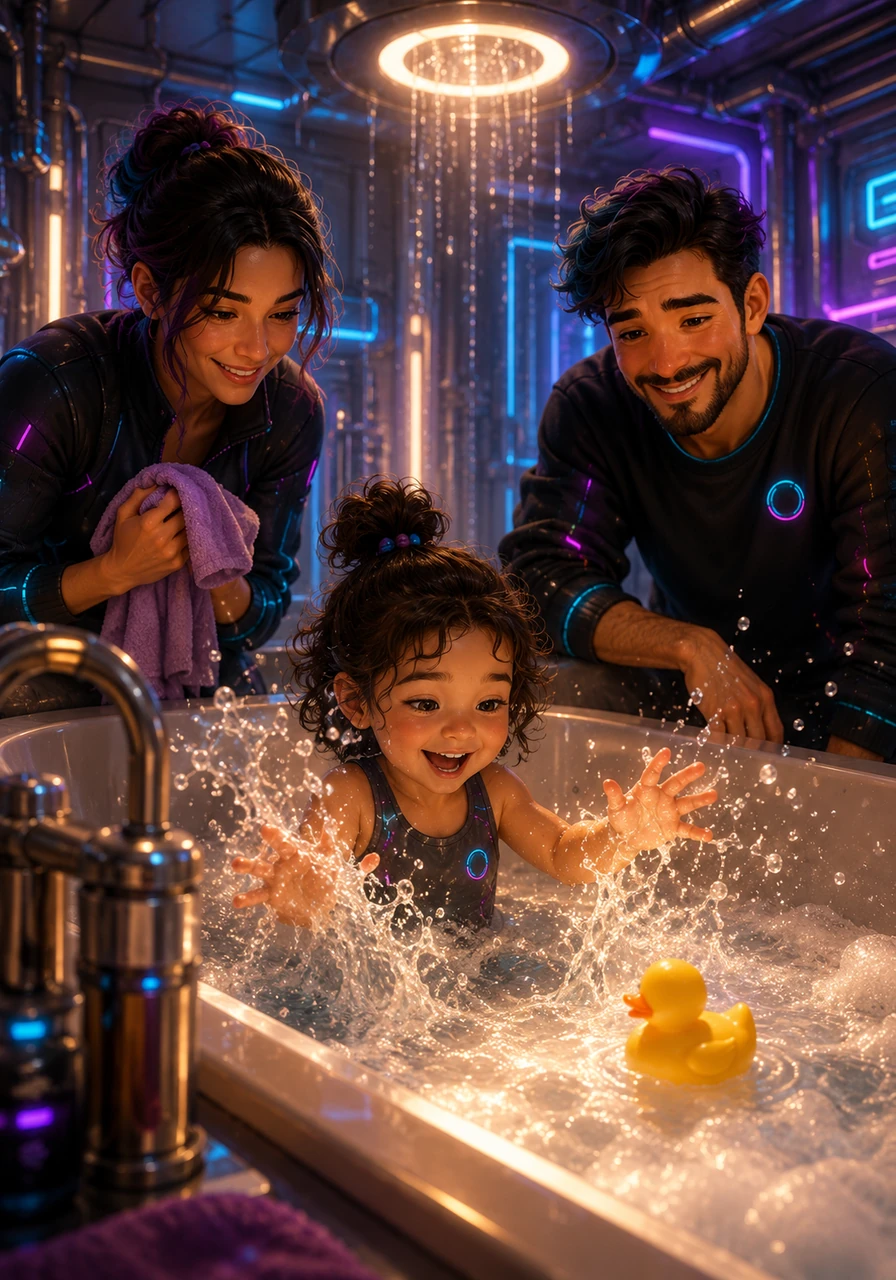 Bath time became the ultimate battleground between Lia's pride and her baby instincts. As she splashed in the warm, bubbly water, she tried to maintain a serious face, but a floating yellow rubber duck caught her eye. Before she could stop herself, she let out a joyful, bubbly giggle and splashed the water everywhere.