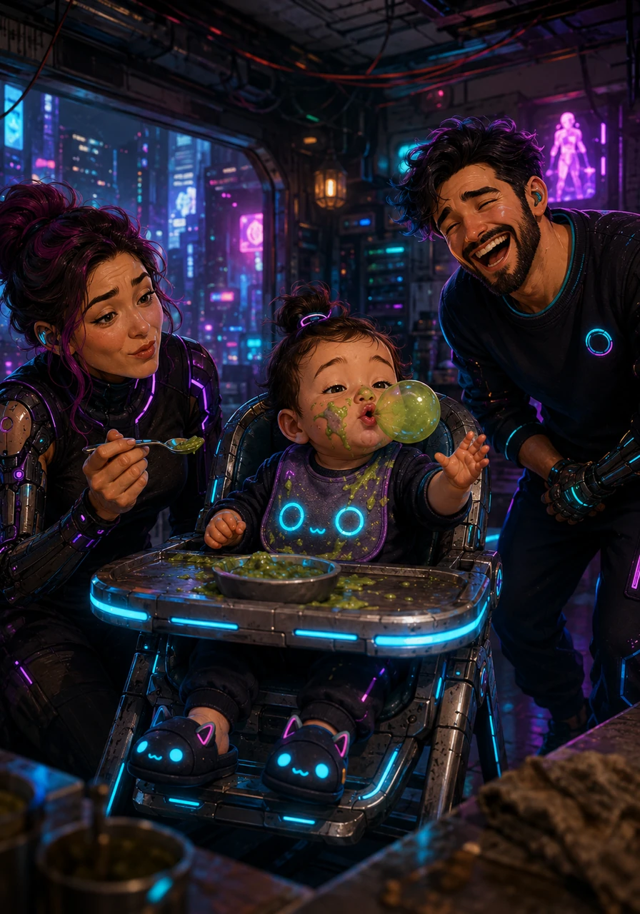 Sitting in her high chair, Lia tried to demonstrate her sophisticated palate when her mother offered a spoonful of green pea puree. Her lips puckered automatically at the strange texture, and she accidentally blew a giant food bubble, splattering green paste all over her own nose. Her parents burst into laughter at the messy sight.