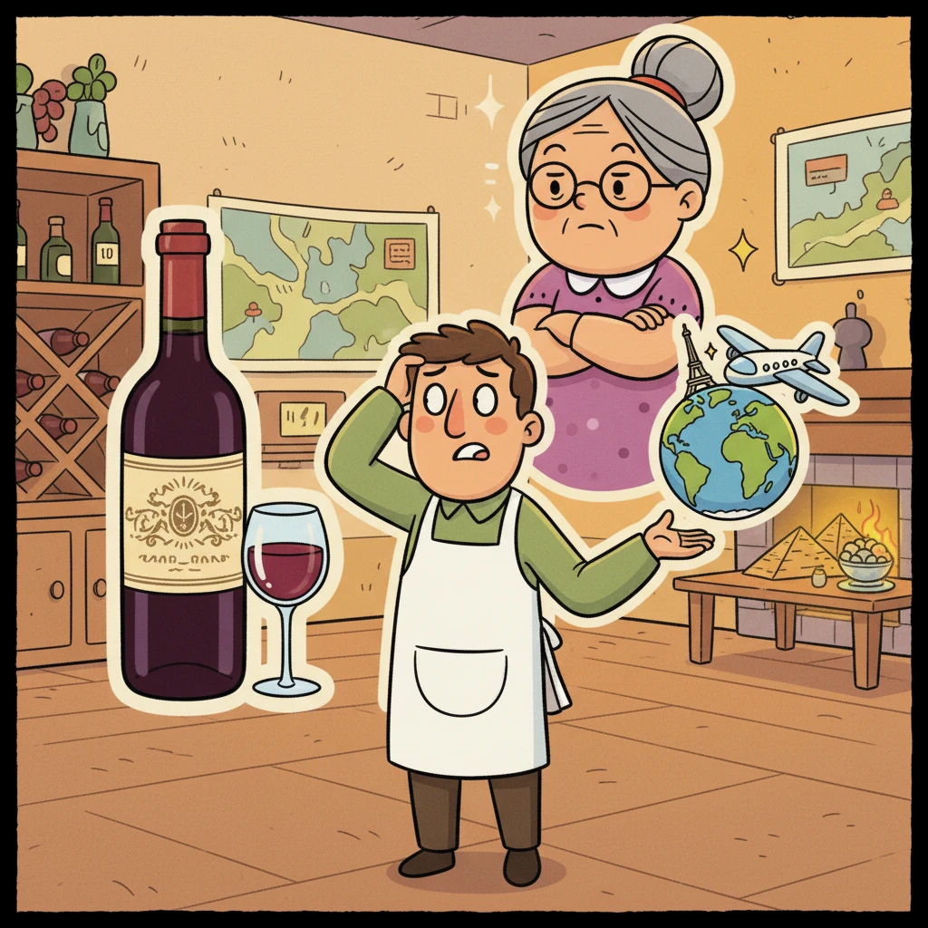 Valentin, l'étourdi, hésitait entre un bon vin et un voyage, oubliant les préférences de Lilou.