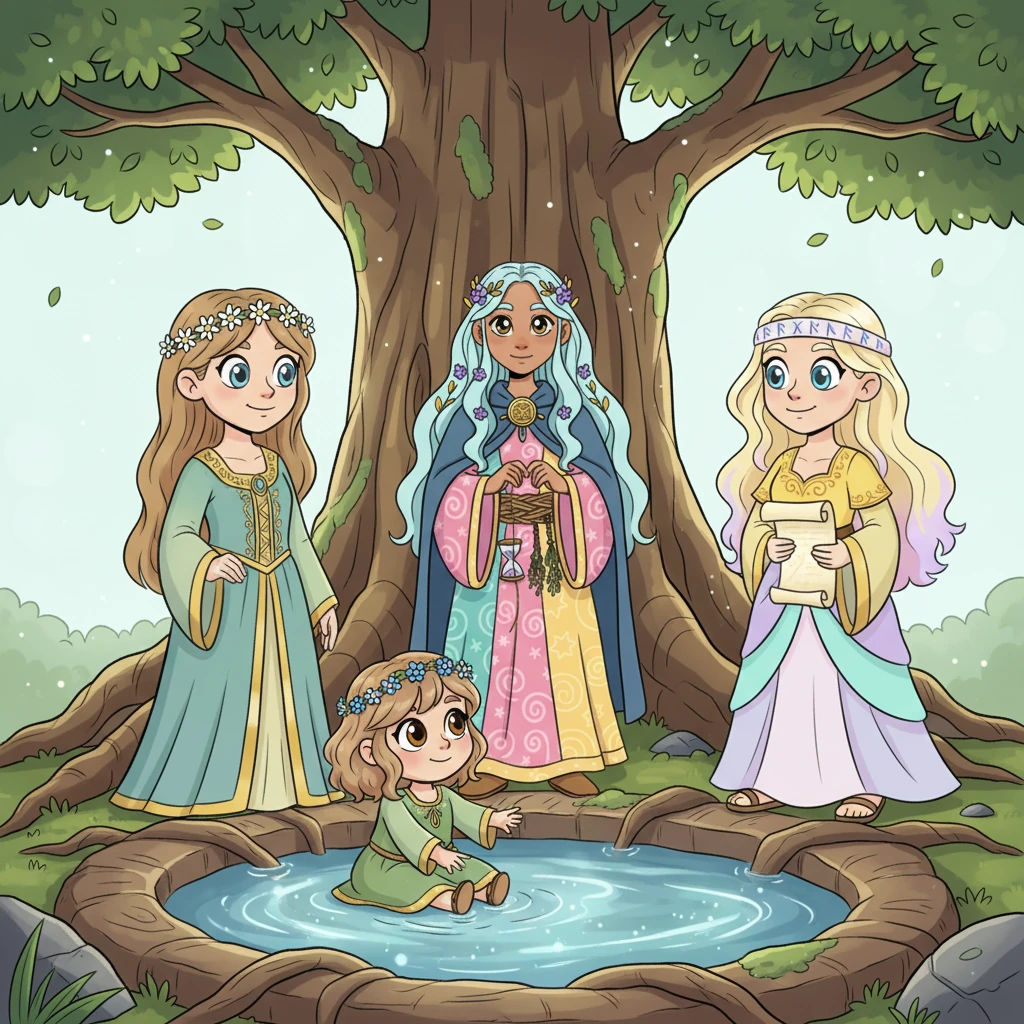 Lykke, a tiny Norn with sparkling eyes, sat between the ancient roots of Yggdrasil, beside the shimmering Well of Urd. Her elder sisters, Urd, Verdandi, and Skuld, watched over the magical waters. The giant tree's leaves glowed softly, casting playful shadows.
