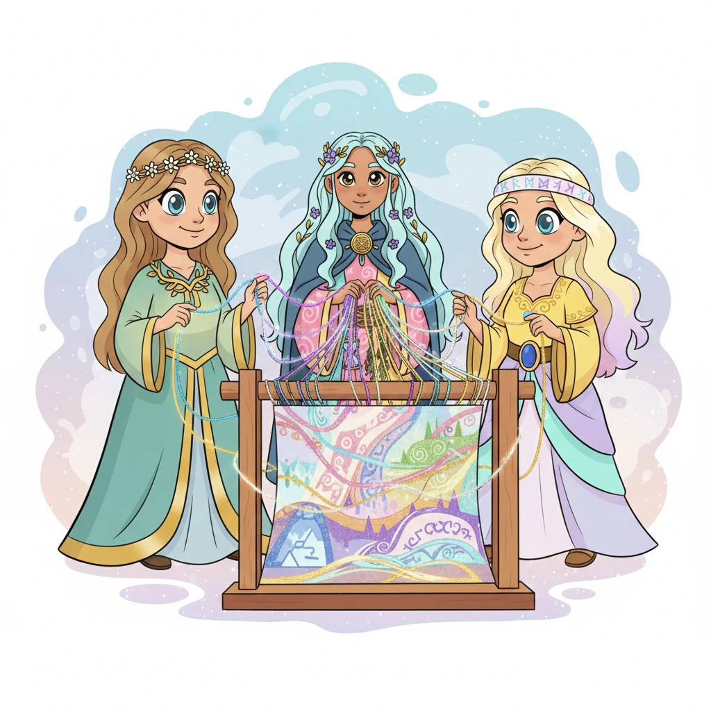 With gentle, knowing smiles, the elder Norns carefully wove glowing threads of fate. Each strand sparkled with colors Lykke had never seen before. Their nimble fingers danced, creating a beautiful, intricate tapestry.