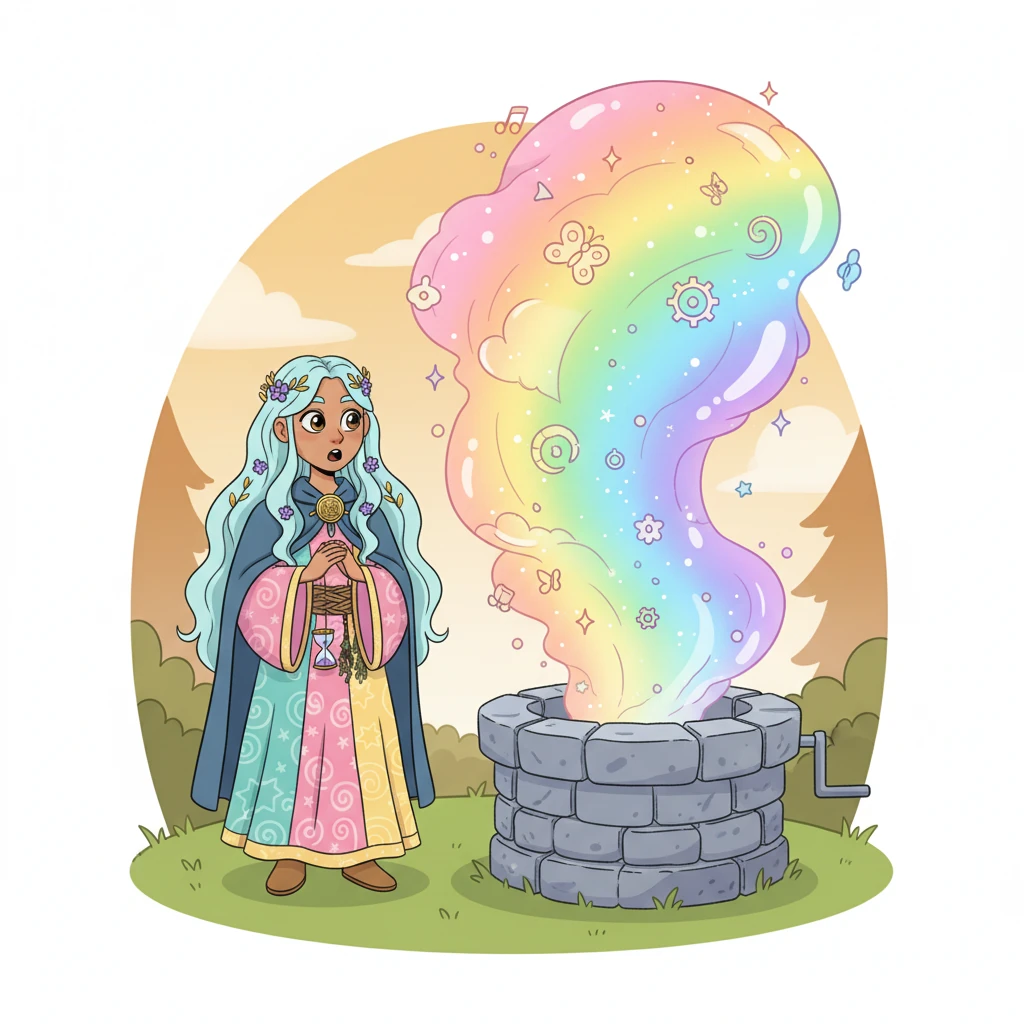 Suddenly, a soft, swirling mist rose from the well, shimmering with all the colors of the rainbow. Lykke gasped, her eyes wide with wonder. Tiny, playful shapes began to dance within the mist.