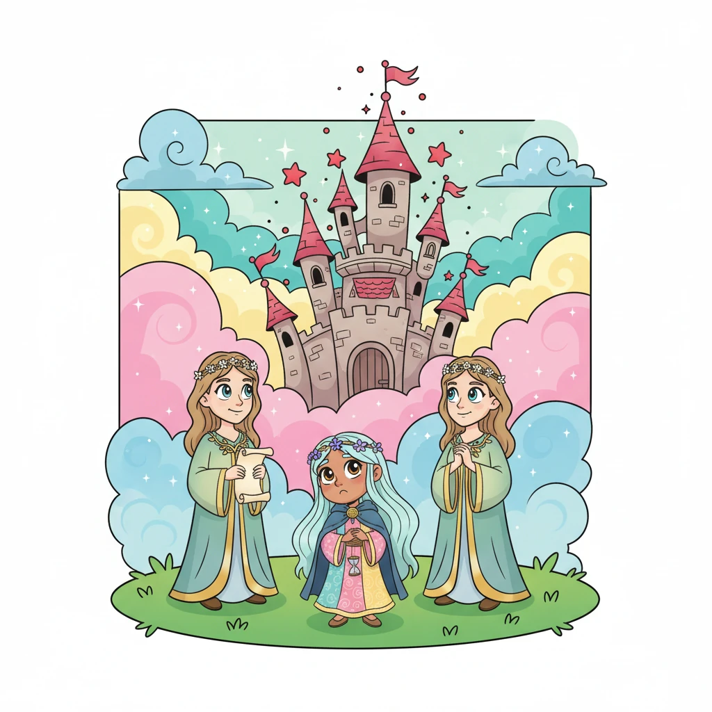 A whimsical vision appeared: a colorful, cartoon castle, usually so grand, now seemed to wobble a bit, with harmless red sparkles rising from its towers. Lykke tilted her head, wondering if castles could giggle. The elder Norns gazed thoughtfully, their expressions calm.
