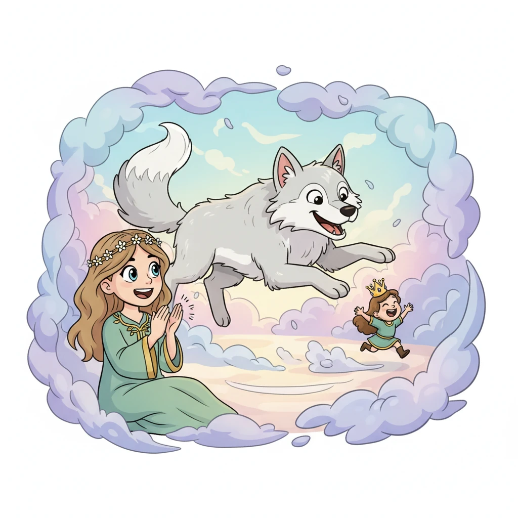 Next, a big, fluffy wolf with a friendly grin playfully chased a tiny, crown-wearing figure through the misty vision. It looked like a very exciting game of tag. Lykke clapped her hands with delight.