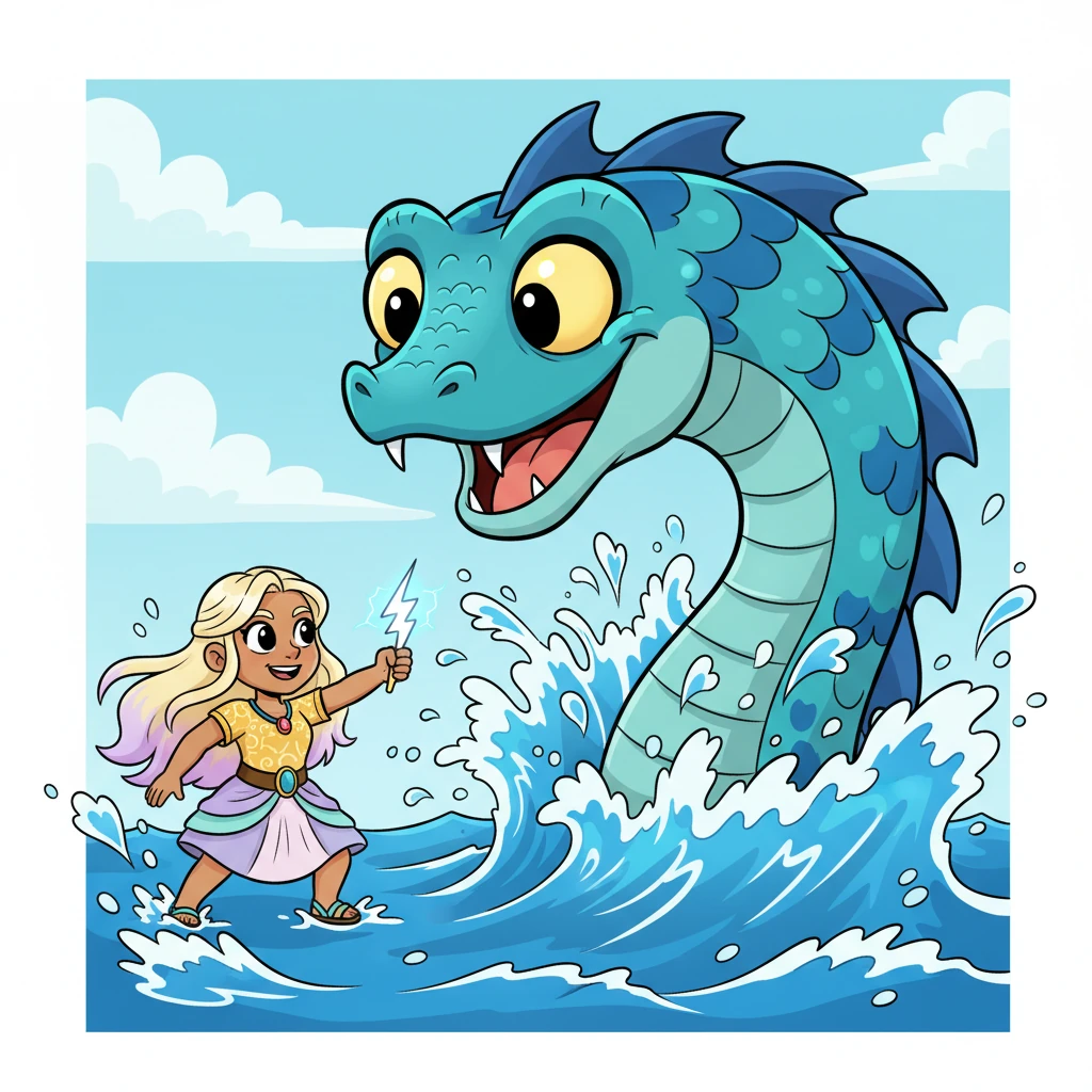 Then, a giant, goofy sea serpent with big, round eyes popped out of a cartoon ocean, sending bubbly waves everywhere. A strong hero, with a tiny lightning bolt in hand, bravely charged towards it. The scene was more splashy fun than scary.