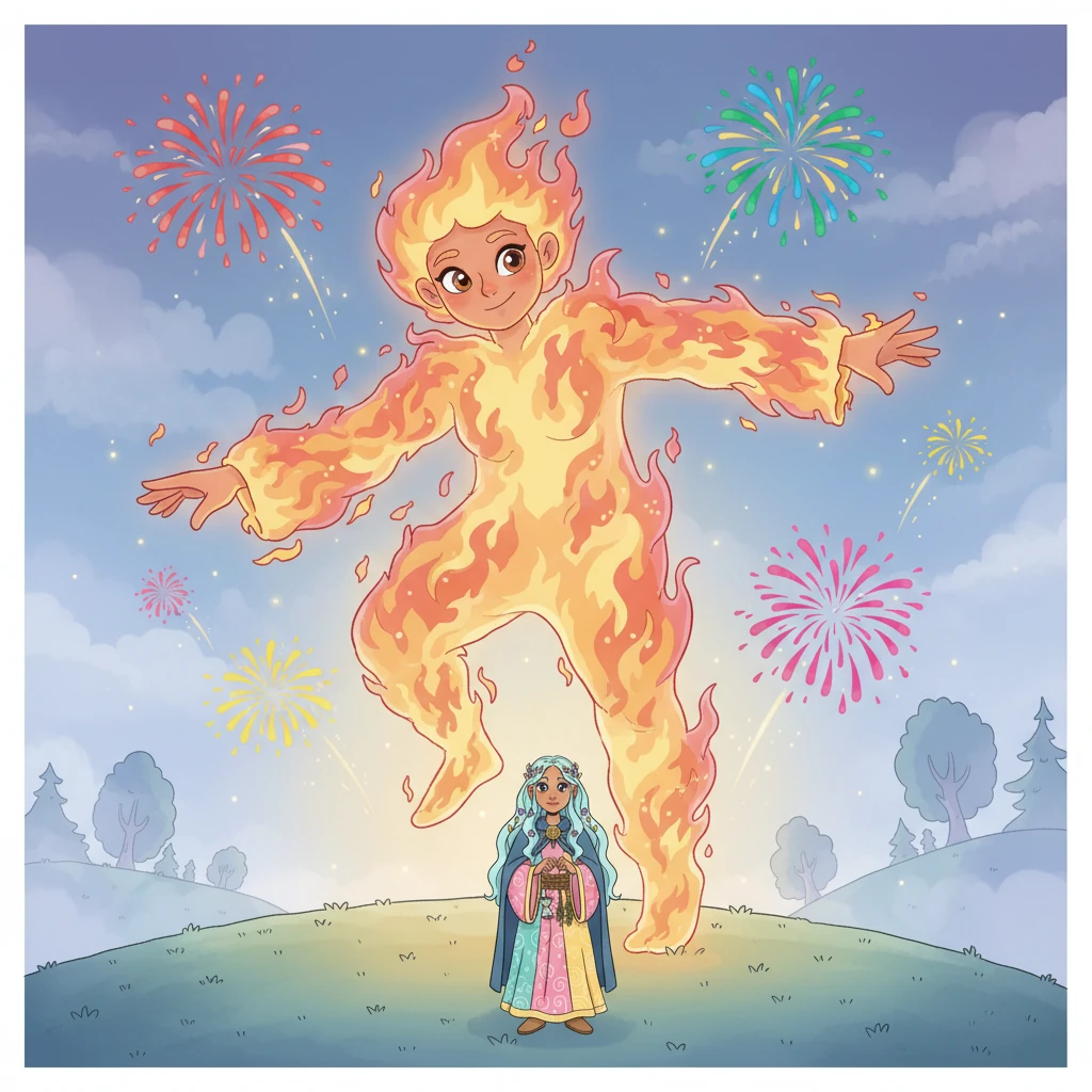 A giant made of shimmering, friendly flames twirled and danced, creating colorful fireworks that lit up the misty air. The flames looked warm and inviting, not hot at all. Lykke wished she could join the fiery giant's dance.