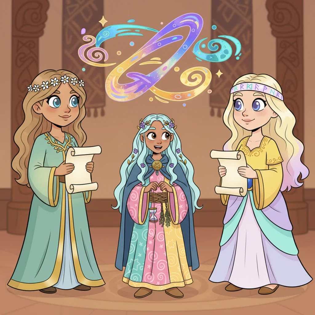 Lykke looked at the elder Norns, her face full of questions and bright curiosity. She pointed at the swirling visions, seeing only magic and exciting movements. The wise Norns exchanged gentle smiles, understanding her innocent perspective.