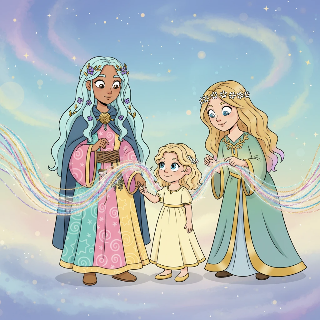 Urd, the eldest Norn, gently took Lykke's small hand and guided it towards a glowing thread of fate. Verdandi and Skuld helped Lykke weave in a tiny, bright, hopeful strand. They showed her that even the grandest stories have room for new beginnings.