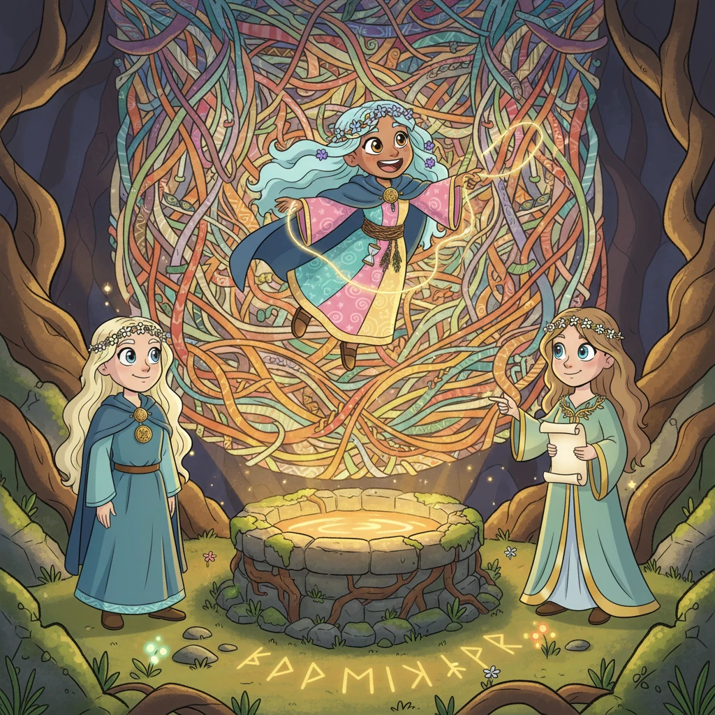 With a determined and joyful smile, Lykke added her own shimmering, cheerful thread to the vast tapestry of destiny. The Well of Urd pulsed with a brighter, warmer light. Lykke knew that while fate was woven, it could also be colored with hope and kindness.