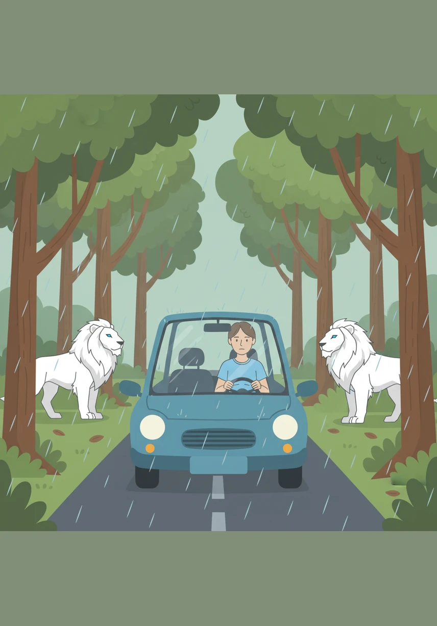 Finn drove his small car slowly through the emerald-green forest as a gentle rain began to fall. The pitter-patter of raindrops on the roof was the only sound in the quiet afternoon, creating a peaceful rhythm against the trees.