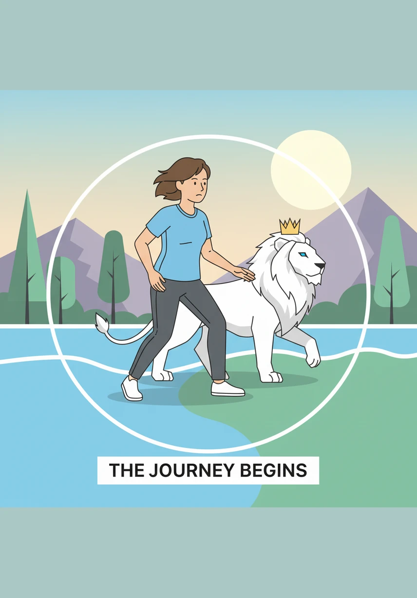 Suddenly, a magnificent white lion appeared in the middle of the road, its fur shimmering under the gray sky. Finn stopped the car immediately, mesmerized by the lion's calm and steady gaze as it stood perfectly still on the wet pavement.