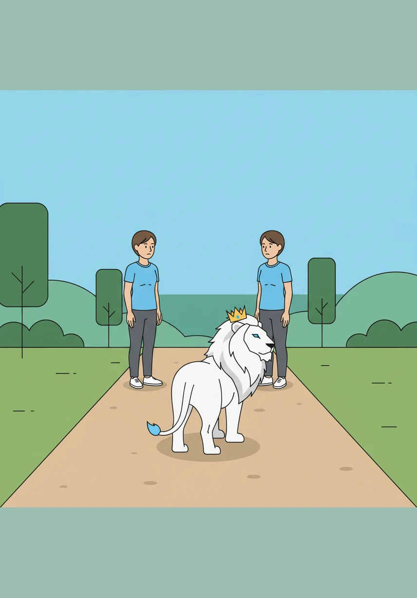 The lion didn't growl or run; instead, it turned and began to walk slowly down the road. Every few steps, it paused and looked back over its shoulder at Finn, as if checking to see if he was following.