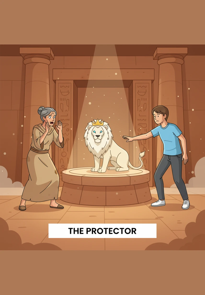 Intrigued and sensing the animal's urgency, Finn stepped out of his car and followed the lion into the misty woods. The air was cool and smelled of damp earth and pine needles as they moved deeper into the shadows.