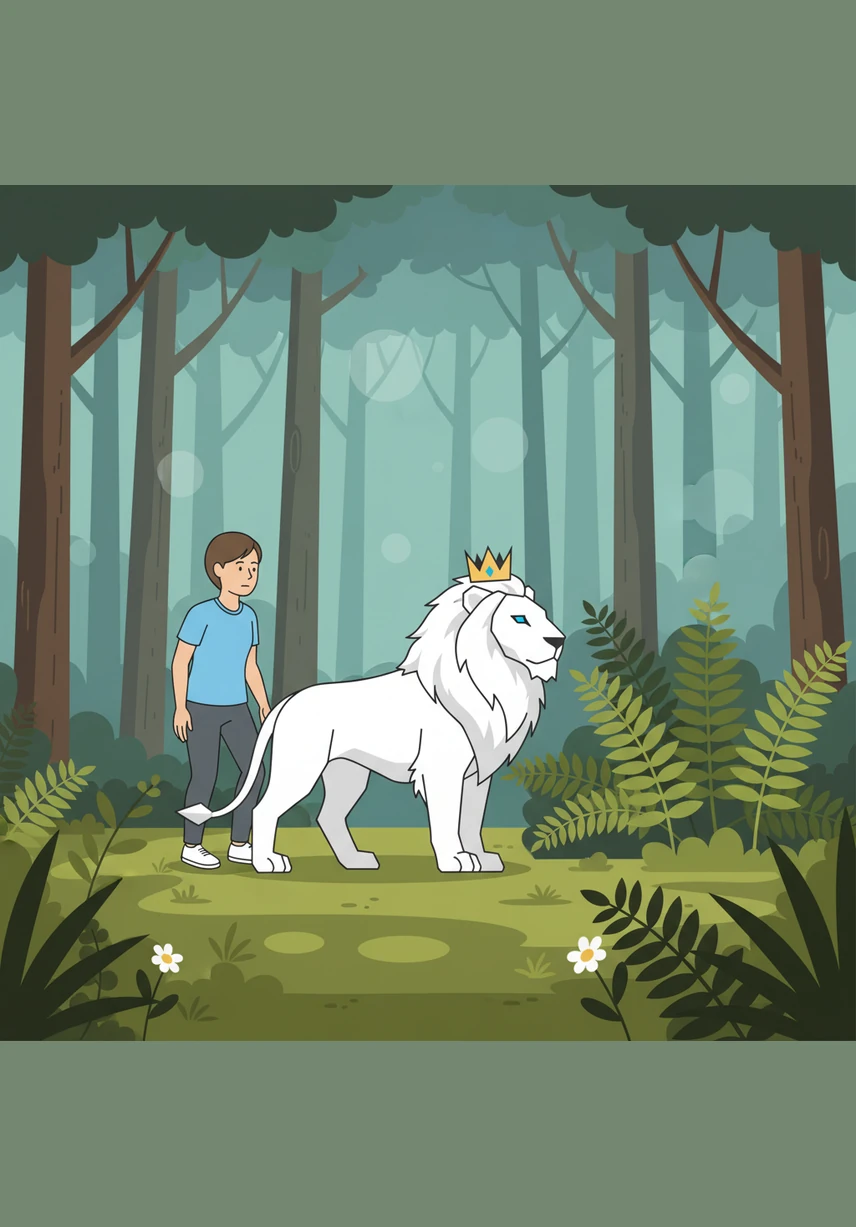 Deep among the tall trees, the white lion stopped beside a thicket of ferns and waited for Finn to catch up. It stood perfectly still, watching him with eyes that seemed to hold a heavy, mysterious secret.