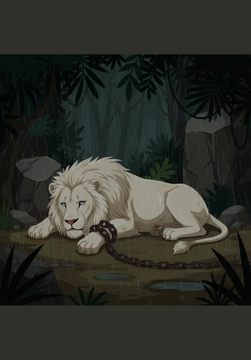 Hidden in the shadows lay another white lion, its powerful paw caught in a heavy, rusted metal chain. The poor creature looked exhausted and weak from trying to break free, its fur matted with rain and mud.