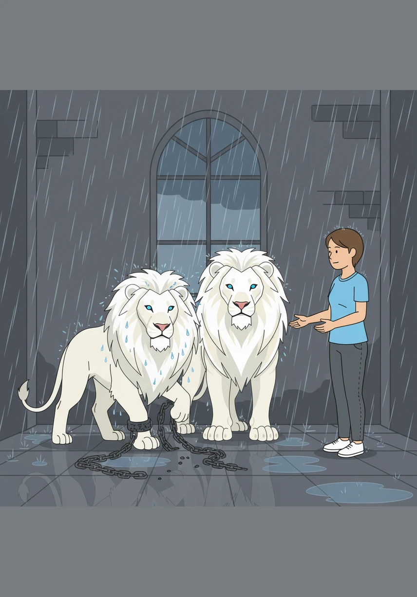 The freed lion slowly stood up on shaky legs, shaking the rain from its magnificent mane as it felt the weight of the chains fall away. Both lions stood side by side now, looking at Finn with deep, silent gratitude in their eyes.