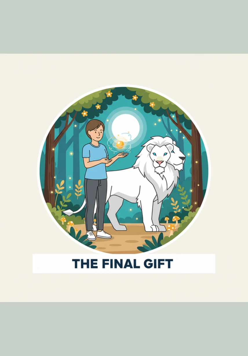 Before disappearing into the golden mist of the forest, one of the lions gently nuzzled Finn’s arm in a soft, warm thank you. Finn watched them walk away together, knowing he had just experienced a moment of magic he would never forget.