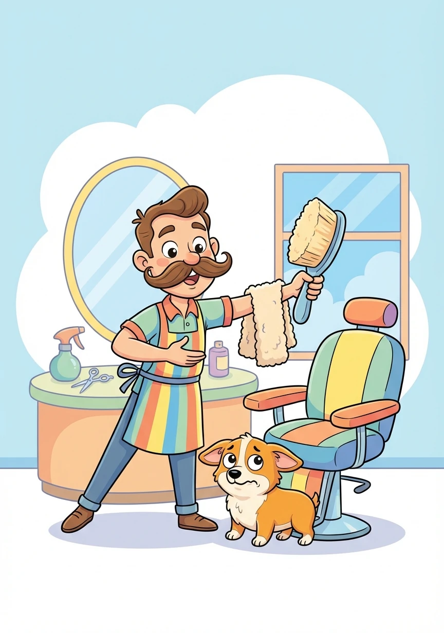 Barnaby, a cheerful barber with a magnificent handlebar mustache, greeted his first customer of the day: a nervous corgi named Winston.