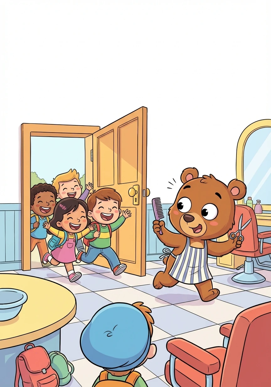 Next, a gaggle of giggling school children burst through the door, eager for their back-to-school haircuts.