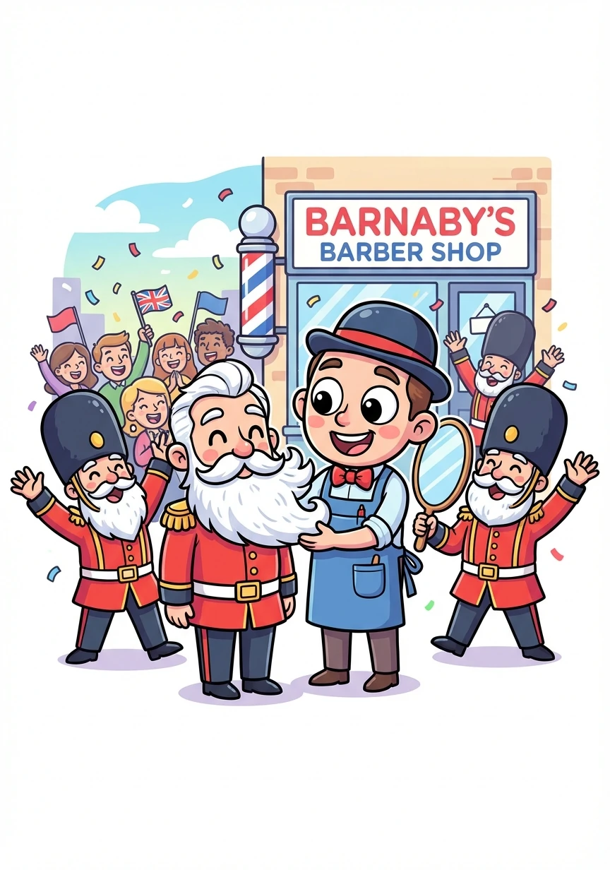 With his exceptional skills and a touch of London charm, Barnaby transformed the Beefeaters' beards, making them look splendid for the parade. The crowd cheered, and Barnaby's Barber Shop became the talk of Buckingham!