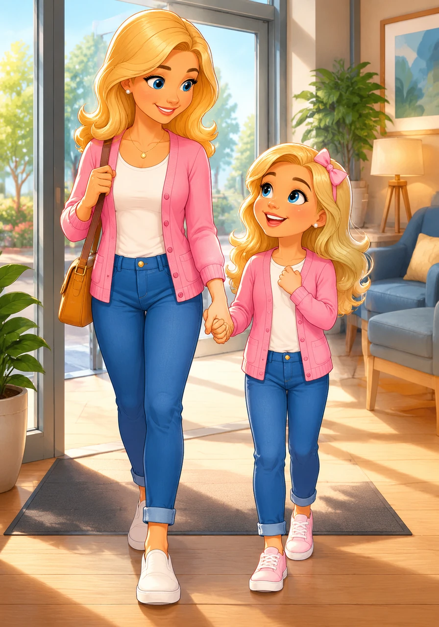 Bright morning light streams through the glass doors as Dette, a little girl with bright blonde hair, holds her mother's hand tightly while walking into the cozy clinic. Her mother, who also has beautiful blonde hair, gives her a reassuring smile as they enter the warm, welcoming waiting area.