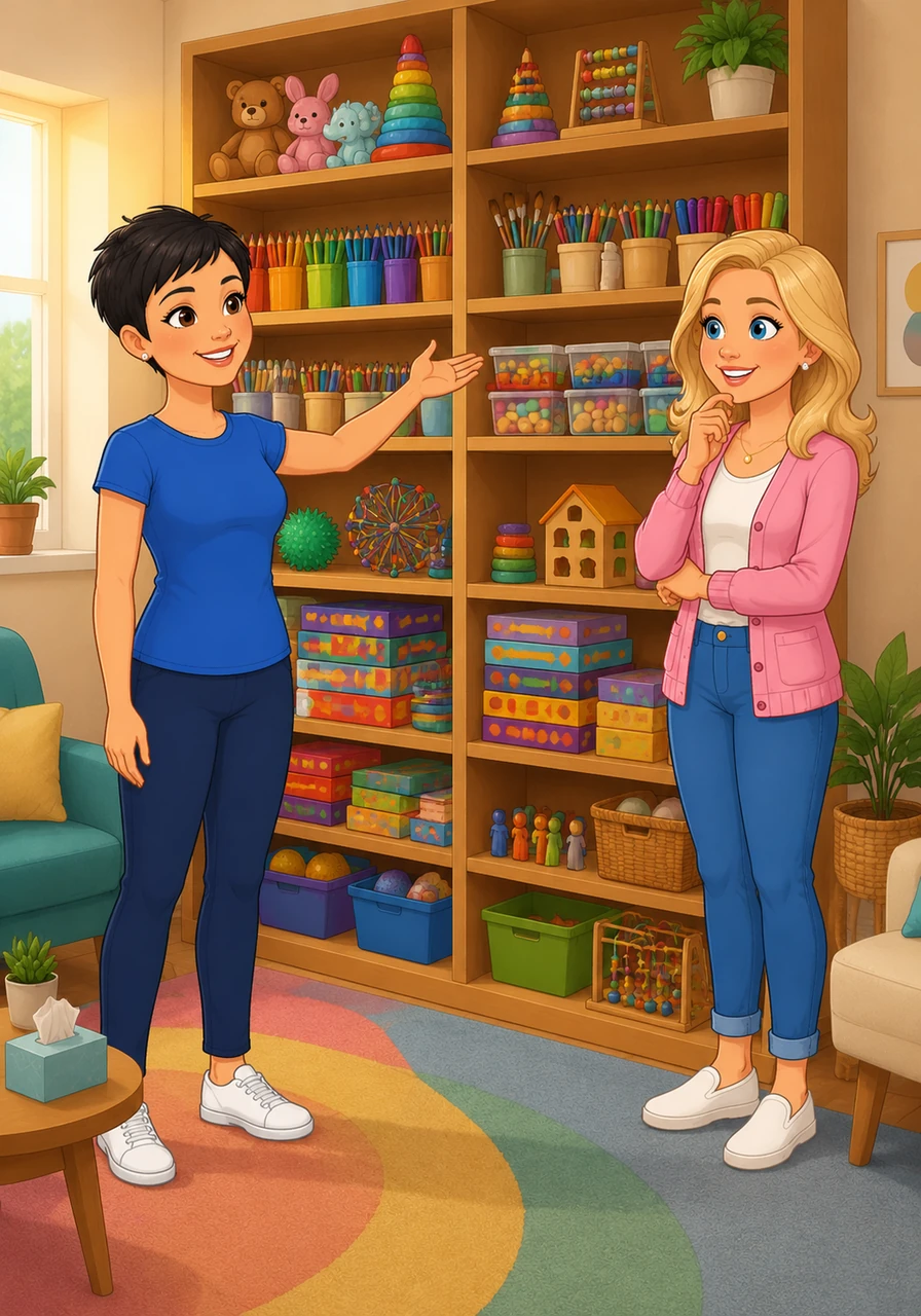 Inside the colorful therapy room, Dette looks around curiously at the rows of wooden drawers and neatly organized cupboards. Her therapist, a kind woman with short dark hair, gestures warmly toward the shelves that are filled to the brim with interesting tools, colorful toys, and games designed to help children learn.