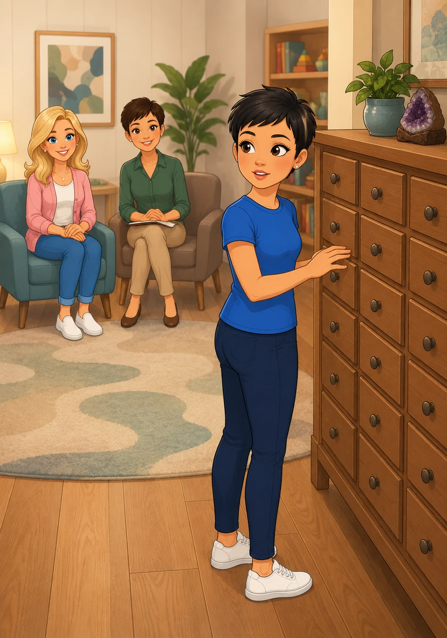 Dette steps closer to a big cabinet, feeling a strong urge to open the drawers and explore the treasures inside. She remembers to pause, turning back to look at her therapist and mom with an inquiring look, knowing that asking for permission first is the best way to start an adventure.