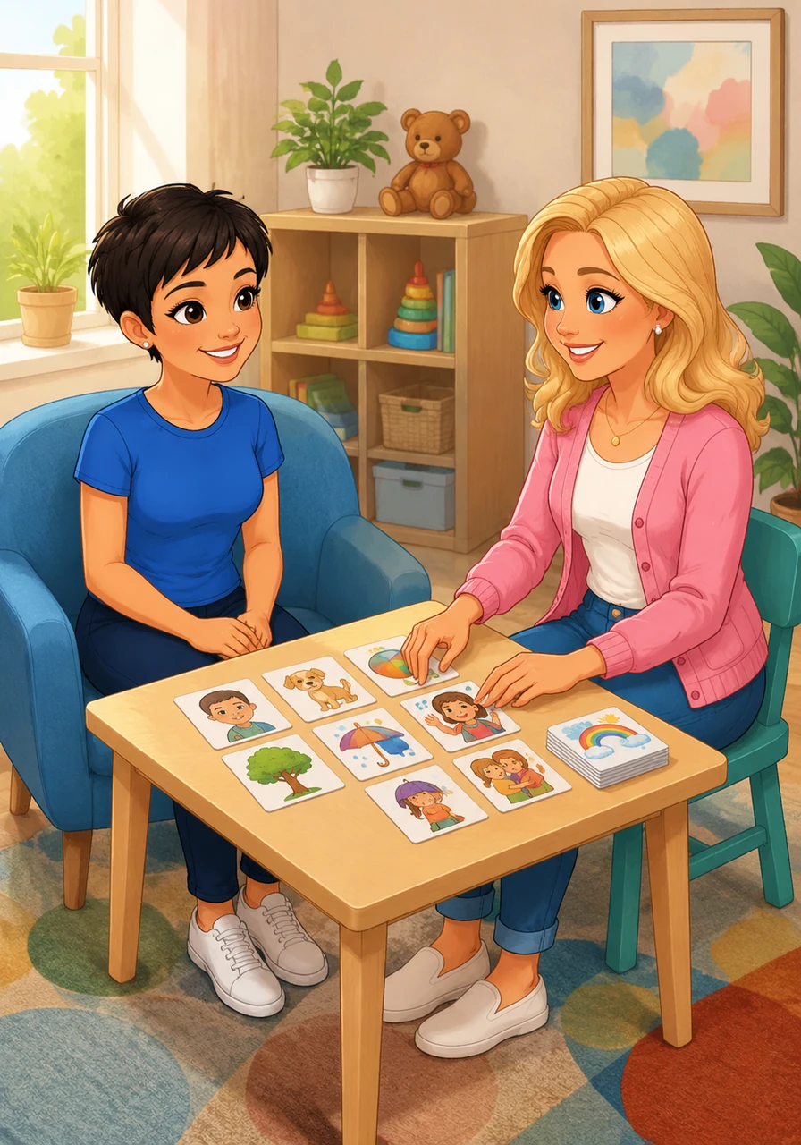 Dette climbs up and sits comfortably in a special, bright blue chair designed just for her while her therapist, Kath, sits across from her at a small table. With a friendly smile, Kath prepares some picture cards, setting the stage for a fun session focused on practicing speech sounds together.