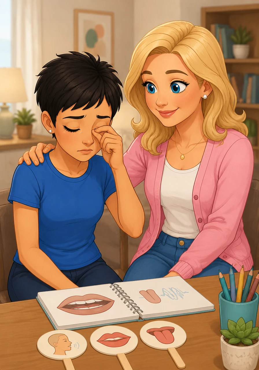 A few minutes into the practice, Dette rubs her eyes and lowers her chin, feeling a wave of tiredness wash over her as the speech exercises become difficult. Her mother gently leans in from the side, placing a comforting hand on her shoulder to let her know that finding things hard is completely okay.