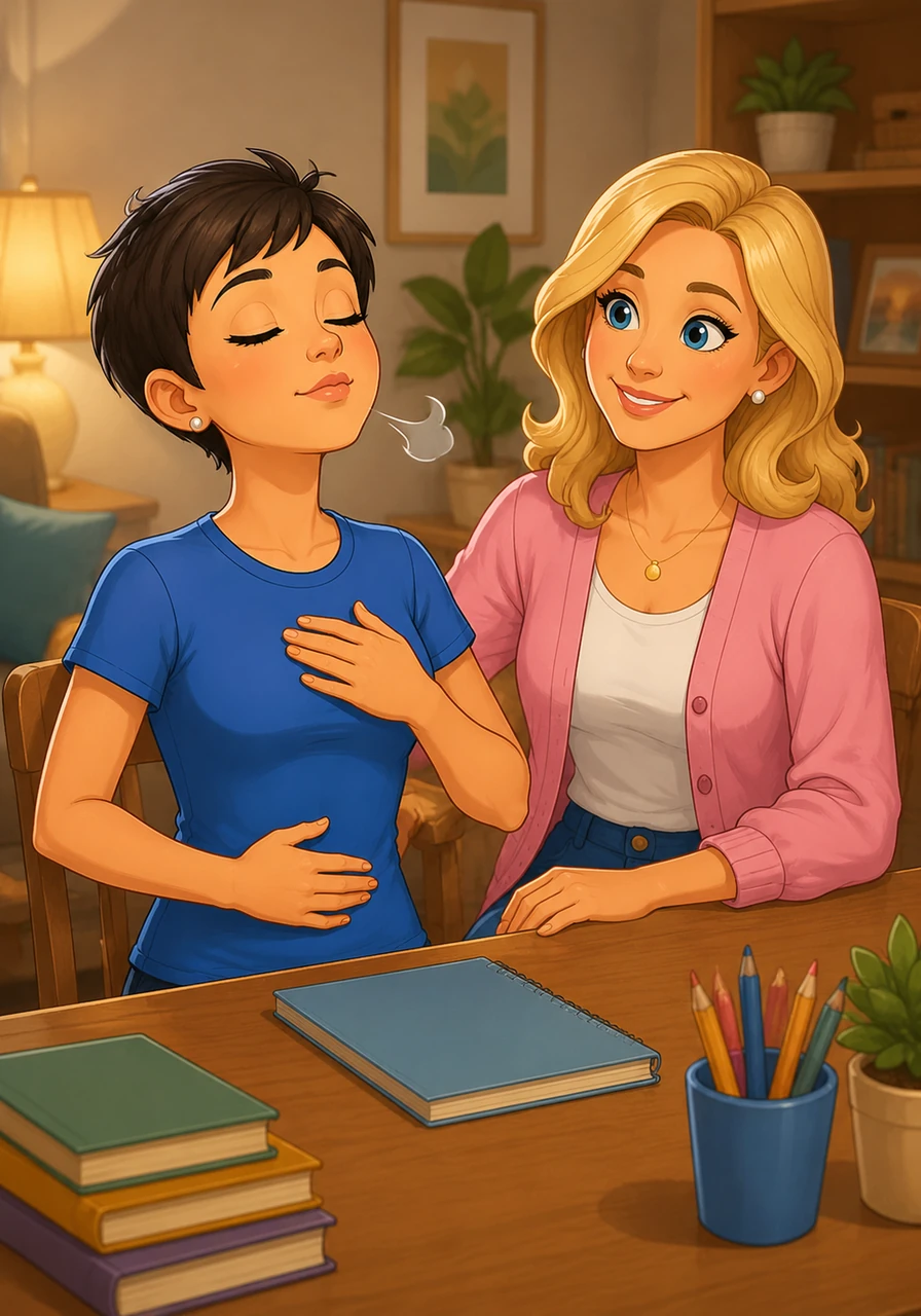 Feeling a bit overwhelmed by a tricky word, Dette stops, sits up straight, and takes a slow, deep breath, puffing out her chest before exhaling softly. This quiet moment of breathing helps the tension leave her shoulders, making her feel calm, focused, and ready to try the sound one more time.