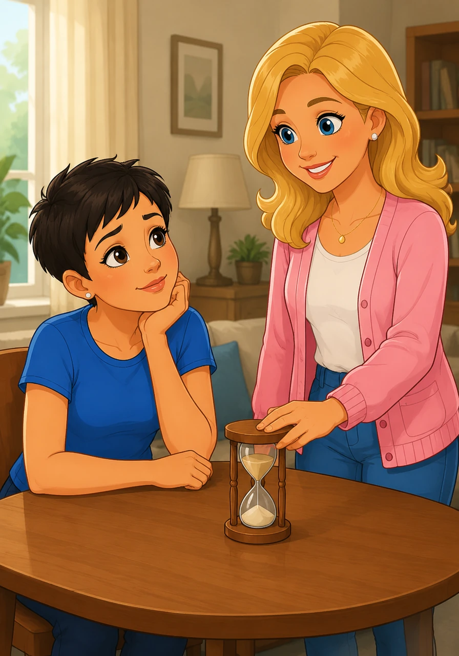 Dette looks up at Kath with tired but determined eyes and uses her clear words to say, 'Can we take a small break?' Kath nods approvingly and sets a small sand timer on the table, showing that taking a moment to rest and recharge is a wonderful choice.