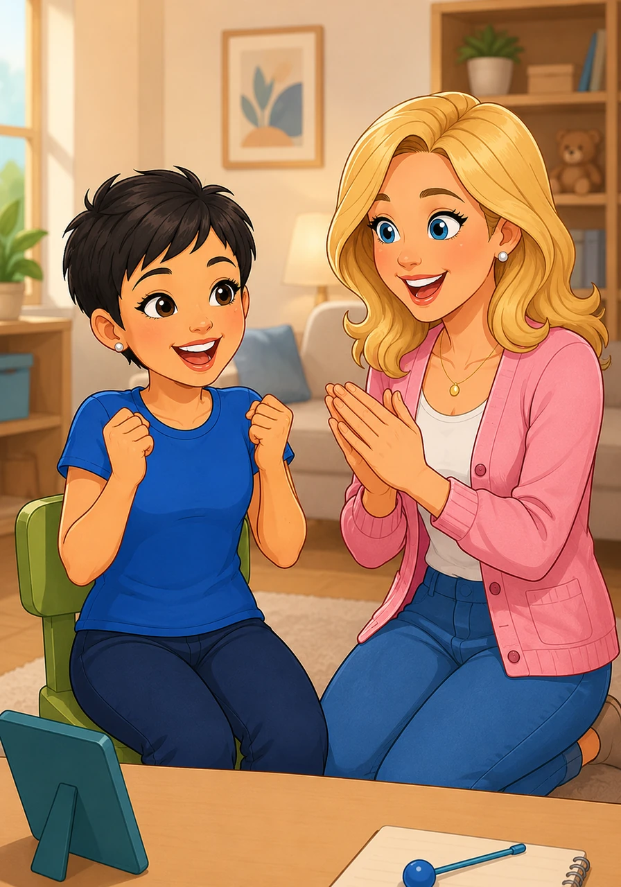 After her short rest, Dette gives the difficult sound another try, carefully mimicking Kath's mouth shape. Kath breaks into a wide, joyful smile and claps her hands enthusiastically, exclaiming words of praise that make Dette's face light up with happiness and pride.