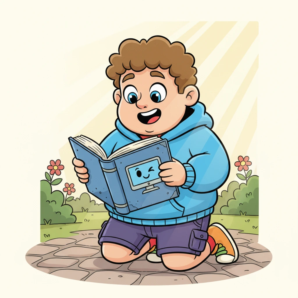 One sunny morning, Pixel found an old, dusty coding book titled 'Adventures in Algorithms' with a friendly, winking computer icon on the cover. His tiny optical sensors lit up with excitement and curiosity.