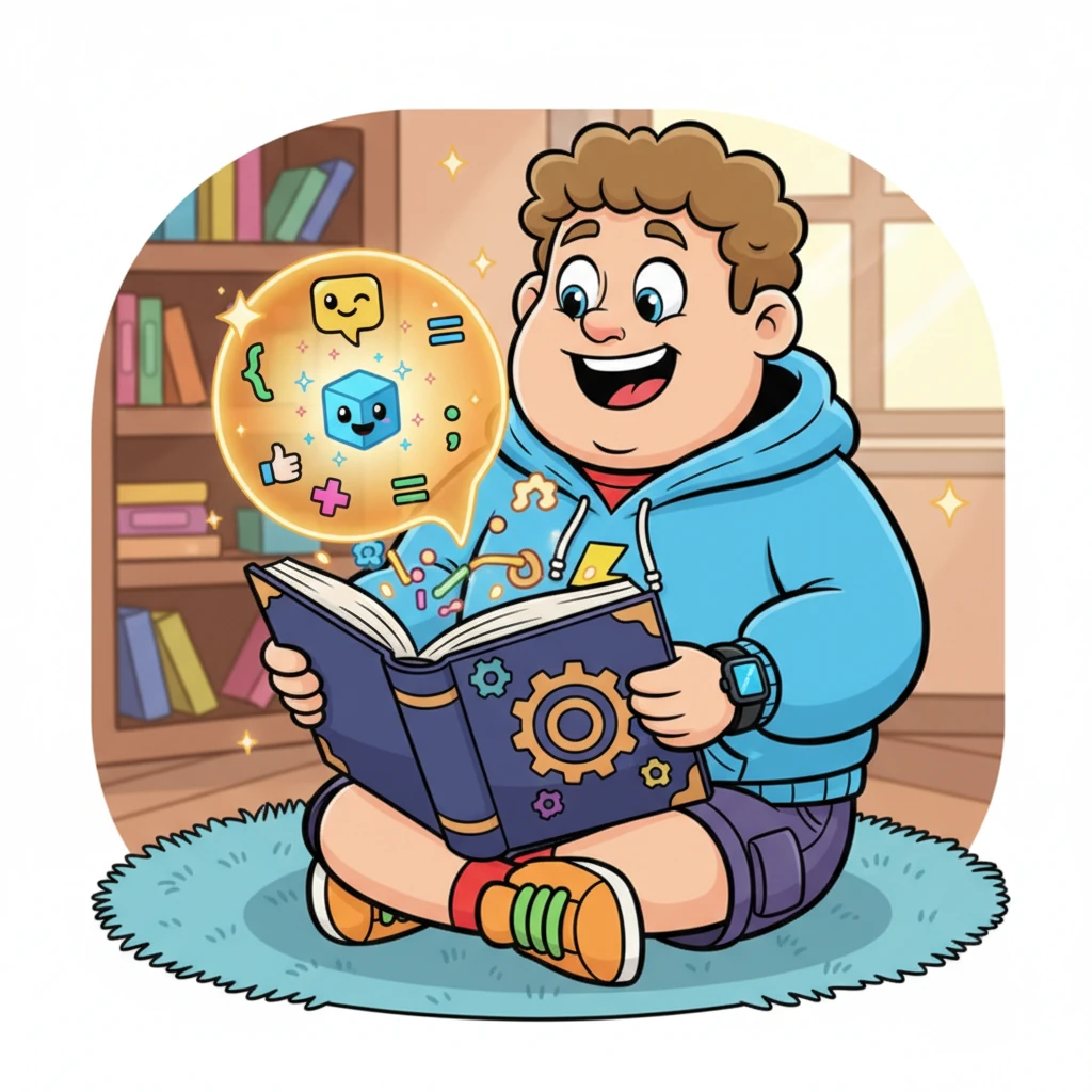 Pixel carefully opened the book, revealing colorful pages filled with strange symbols and playful flowcharts. A friendly, glowing 'Hello World!' popped out from the first page, making him giggle with delight.